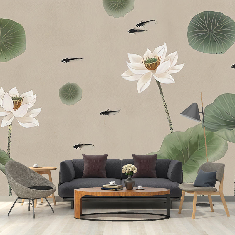 Giant Illustration Lotus Wall Art Lotus and Leaf Mural Wallpaper, Green and Brown