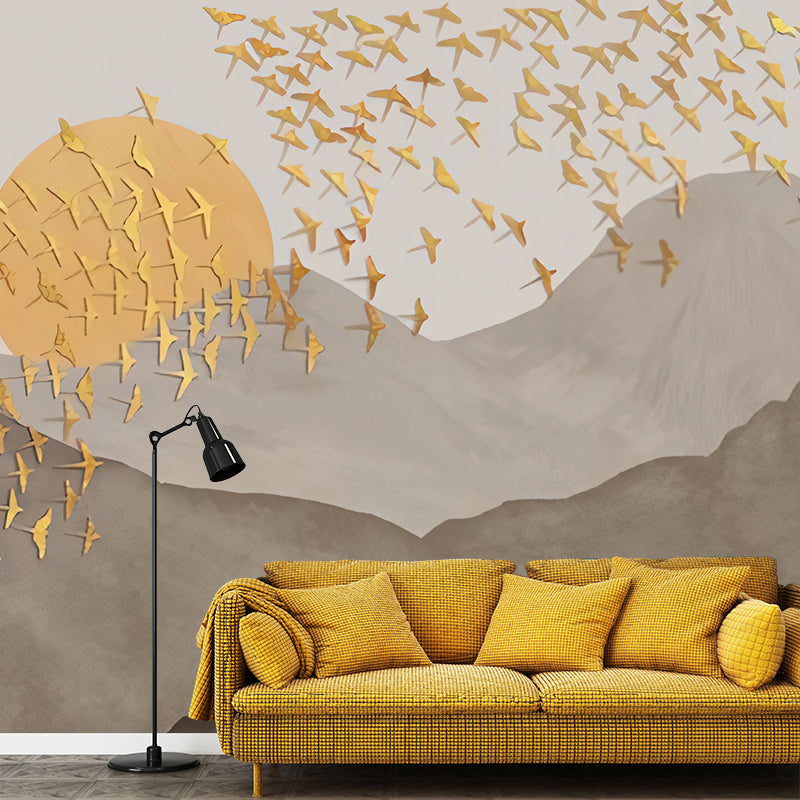 Full Traditional Wall Decor Grey and Gold Wild Goose and Dusk Wall Mural, Personalized Size Available
