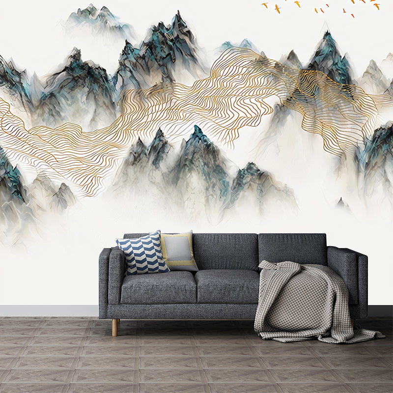 Large Illustration Vintage Mural Wallpaper for Guest Room with Mountain in Green and Yellow