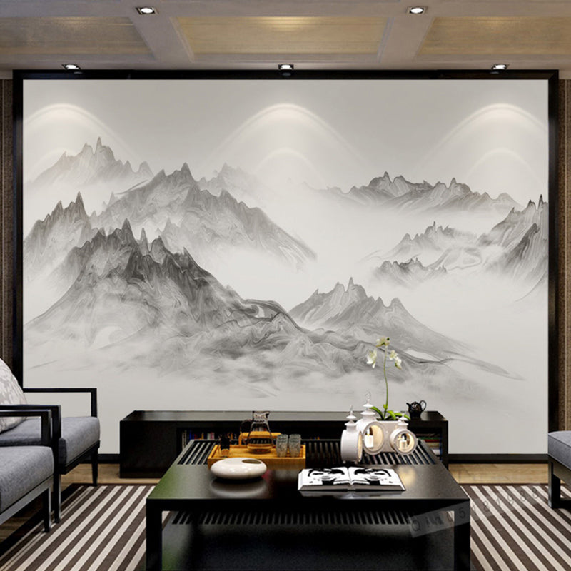 Enormous Illustration Mountain Mural for Living Room Decoration, Grey and White, Personalized Size Available