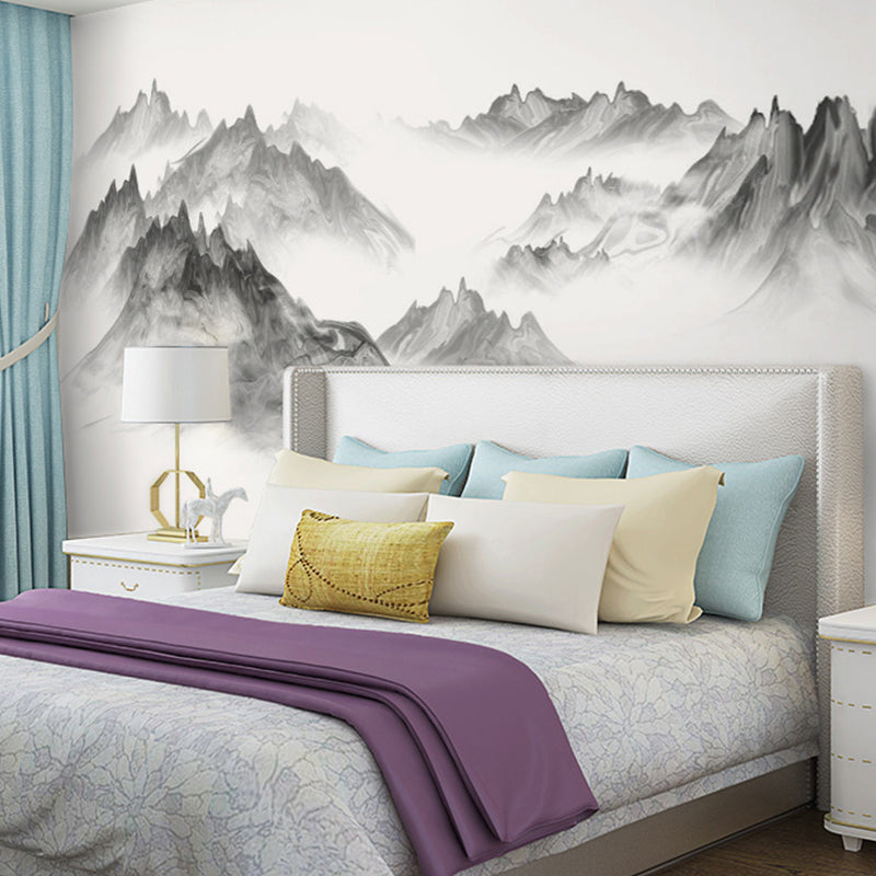Enormous Illustration Mountain Mural for Living Room Decoration, Grey and White, Personalized Size Available