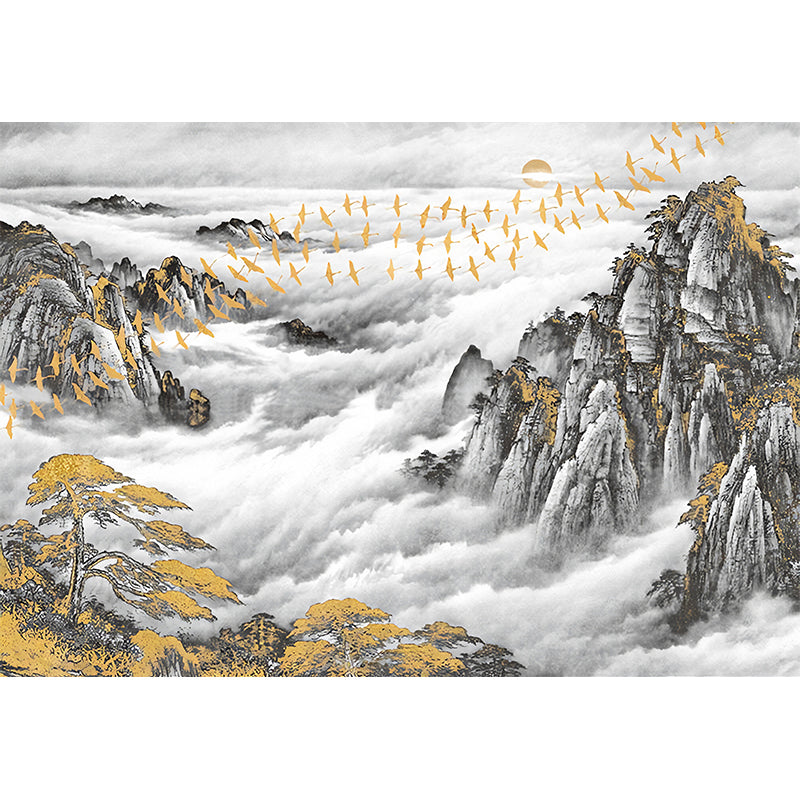 Full Size Traditional Wall Decor Gold and Grey Mountain and Bird Mural Wallpaper, Custom-Printed