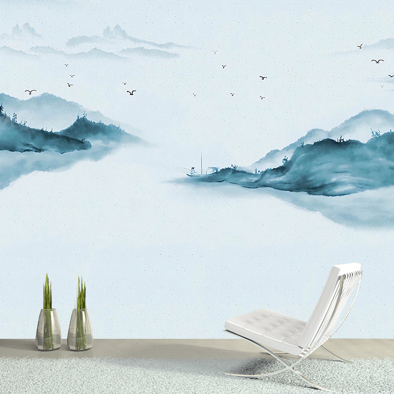 Illustration Water and Mountain Mural for Restaurant Decoration in Green and Blue