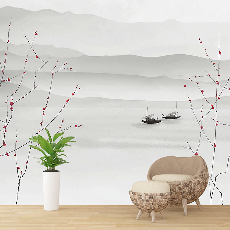 Full Illustration Boat and Mountain Mural for Home Decoration, Soft Grey, Custom-Printed