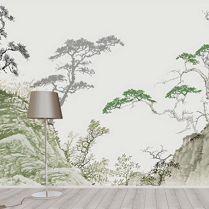 Green Pine Tree Mural Wallpaper Stain-Resistant Wall Covering for Guest Room Decoration