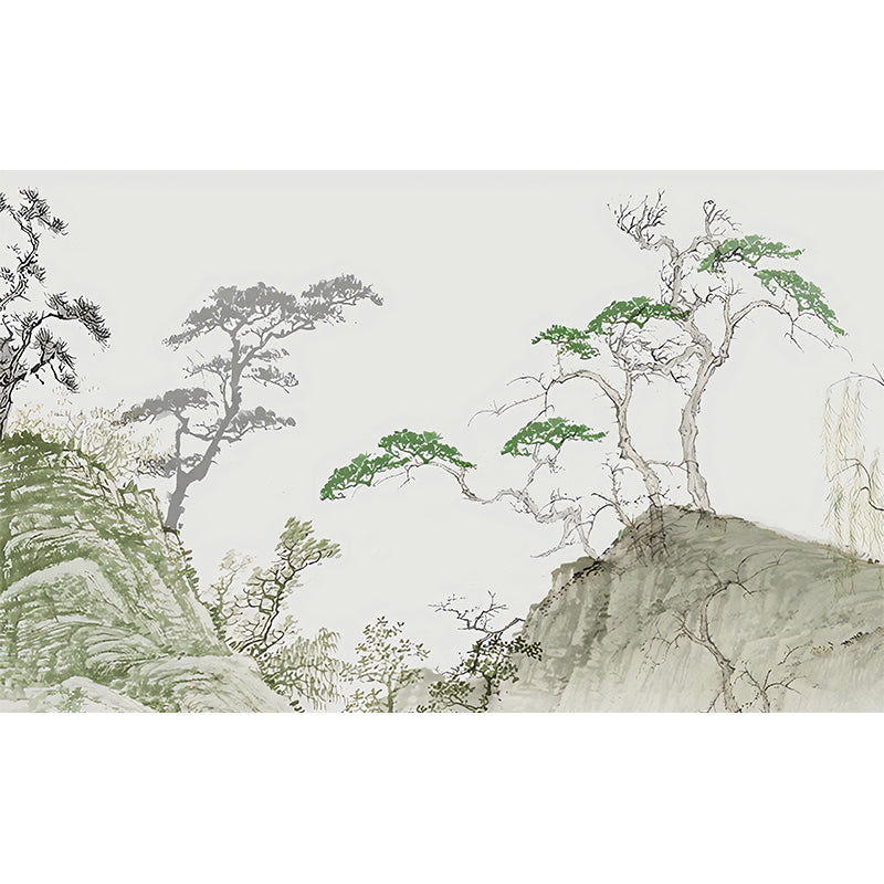 Green Pine Tree Mural Wallpaper Stain-Resistant Wall Covering for Guest Room Decoration