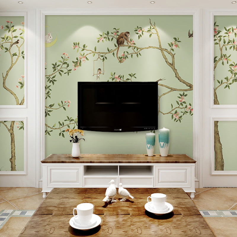 Green Tree and Monkey Mural Wallpaper Water-Resistant Wall Covering for Living Room