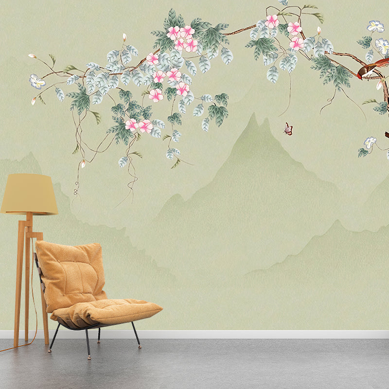 Green and Pink Blossom Mural Wallpaper Water-Resistant Wall Covering for Living Room