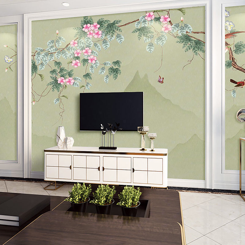 Green and Pink Blossom Mural Wallpaper Water-Resistant Wall Covering for Living Room