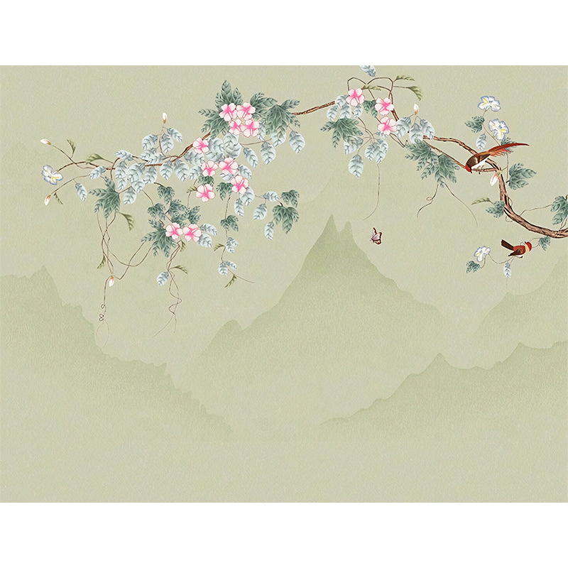 Green and Pink Blossom Mural Wallpaper Water-Resistant Wall Covering for Living Room