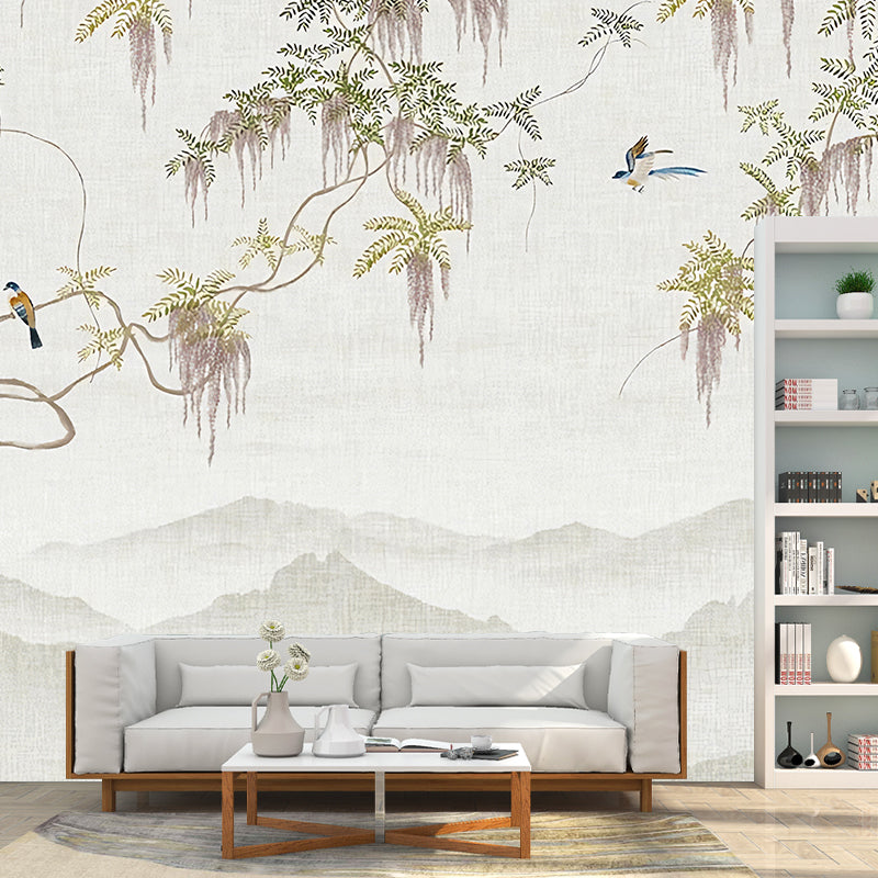 Decorative Wisteria and Bird Mural Full Size Traditional Wall Art for Coffee Shop