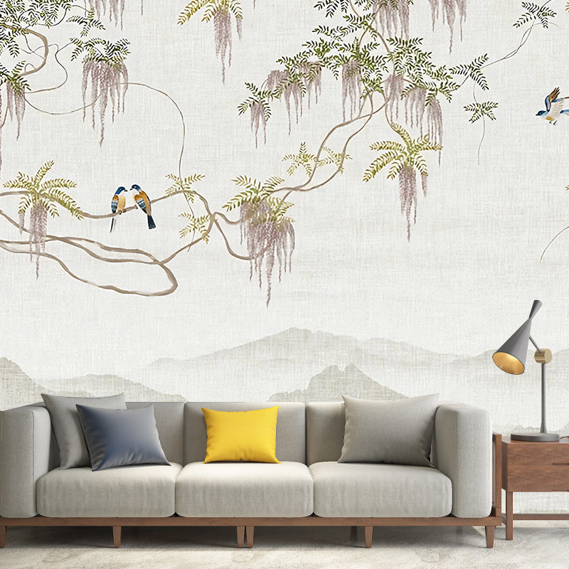 Decorative Wisteria and Bird Mural Full Size Traditional Wall Art for Coffee Shop