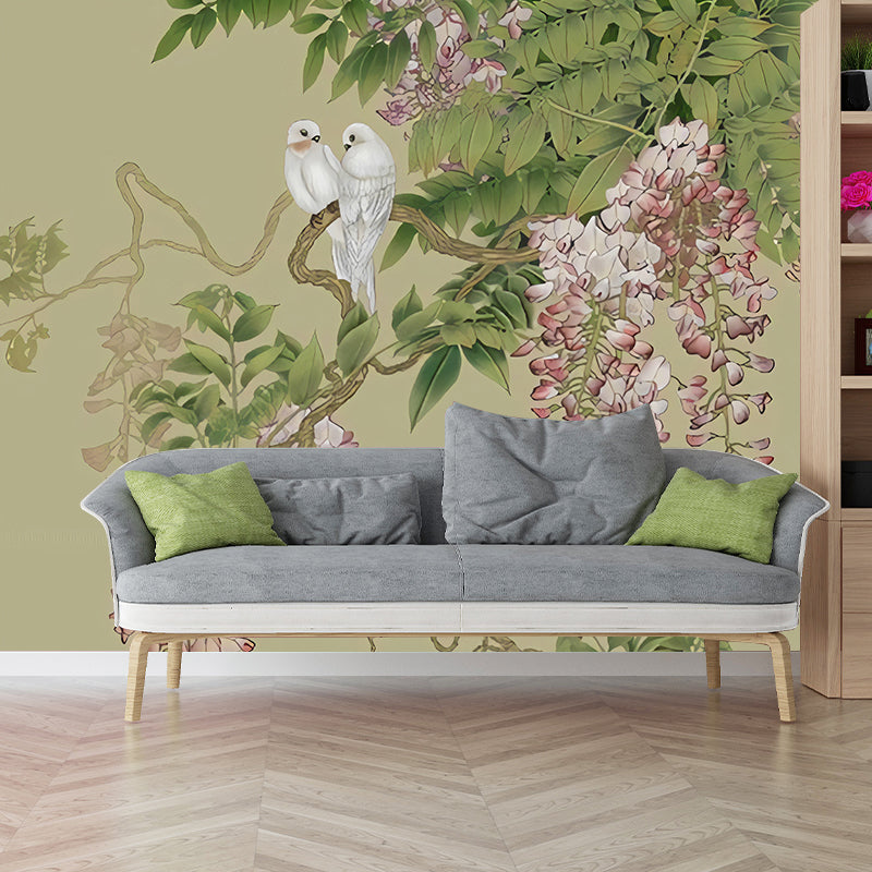 Romantic Wisteria Mural Wallpaper for Gallery, Green and Purple, Made to Measure