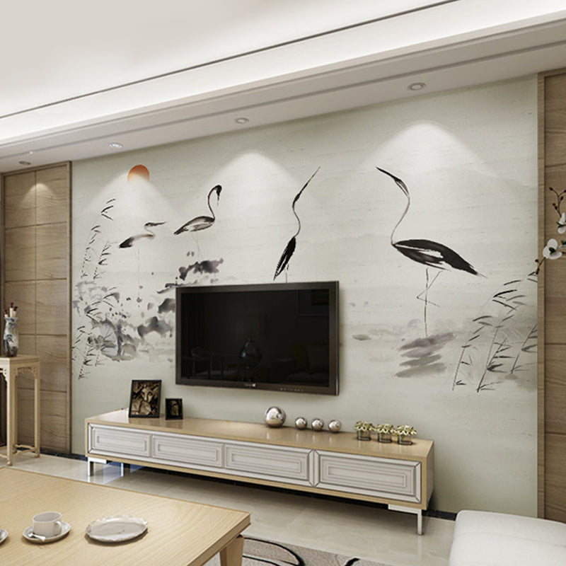 Traditional Crane Wall Mural for Accent Wall, Pastel Grey, Customized Size Available