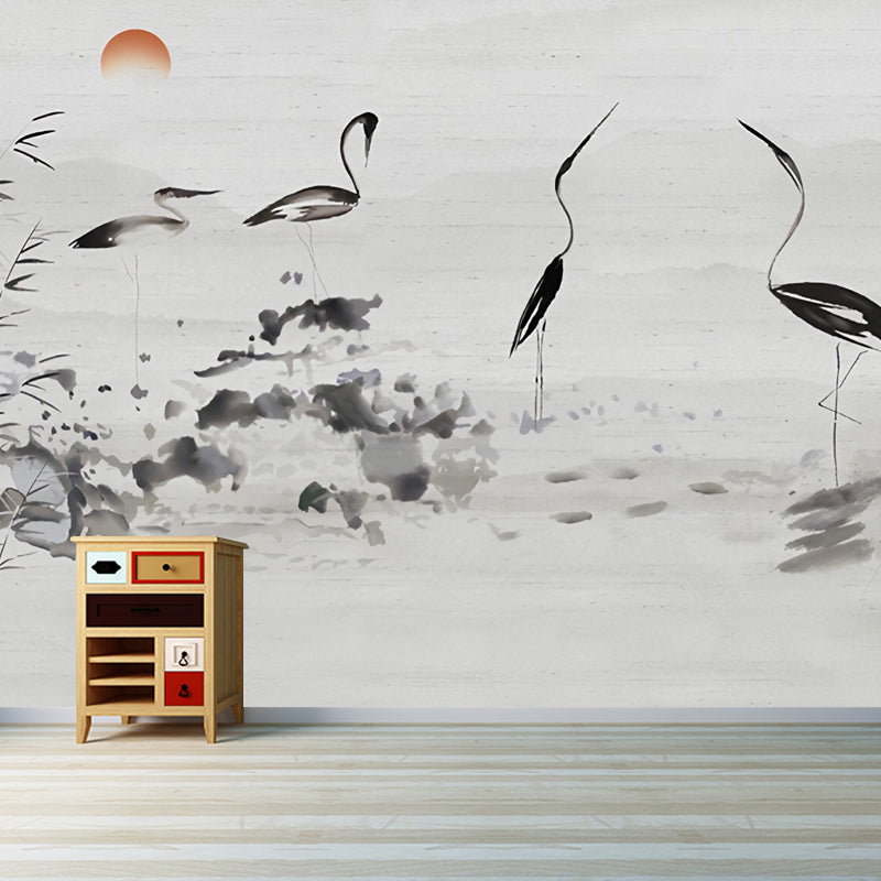 Traditional Crane Wall Mural for Accent Wall, Pastel Grey, Customized Size Available