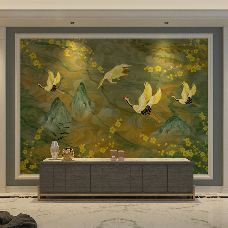 Big Mural with Plum Blossom and Crane Design Yellow and Green Non-Woven Wall Art for Home Decor, Made to Measure