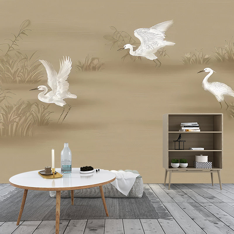 Illustration Style Egret Mural Wallpaper Personalized Size Wall Decor for Guest Room, Made to Measure