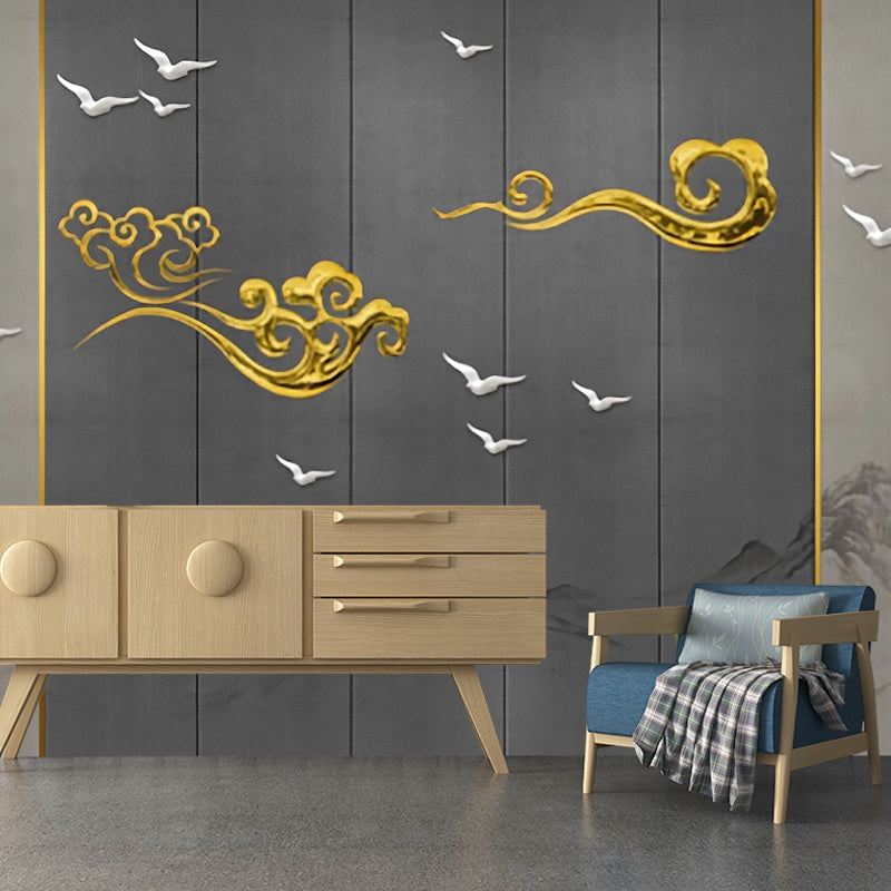 Chinese Traditional Cloud Wall Art for Accent Wall, Full Size Wall Decor in Grey