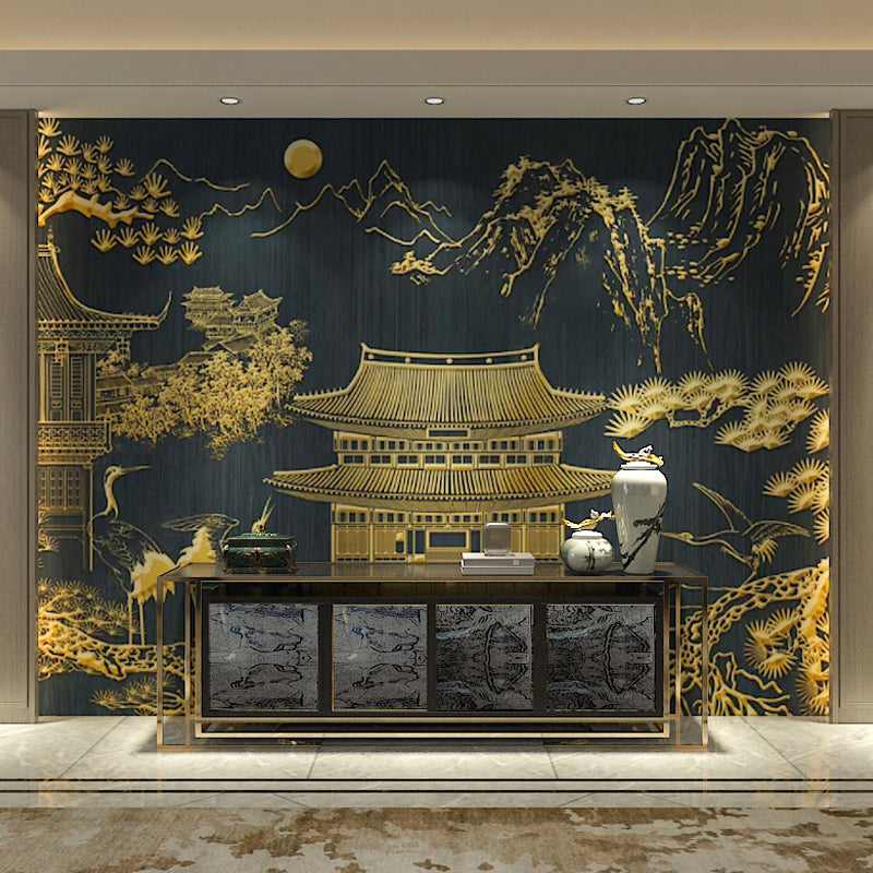 Big Traditional Tower Wall Art Gold Non-Woven Fabric Mural Wallpaper for Home Decor, Custom-Made