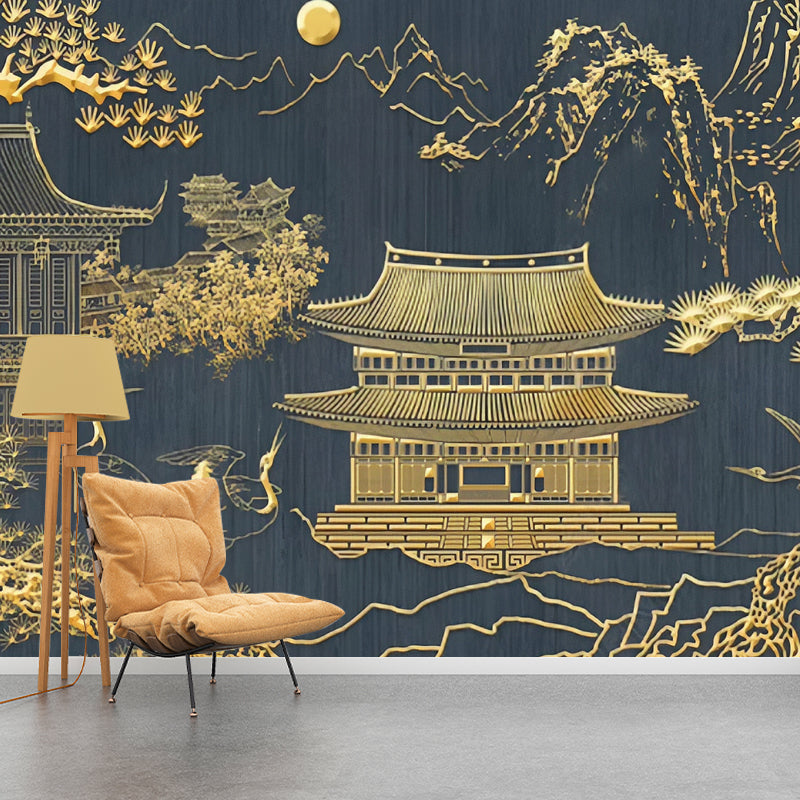 Big Traditional Tower Wall Art Gold Non-Woven Fabric Mural Wallpaper for Home Decor, Custom-Made