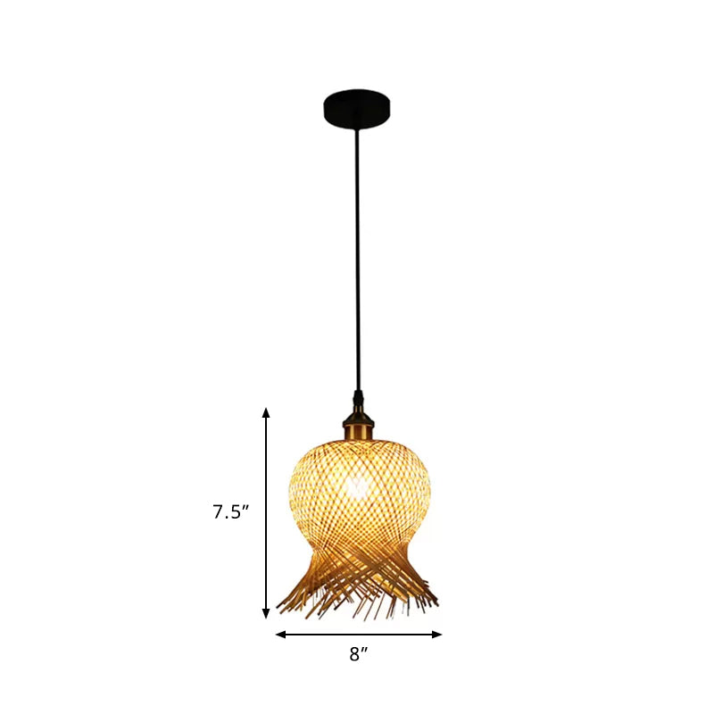Jellyfish Shape Hand-Woven Bamboo Hanging Lamp Asian 1-Light Beige Pendant Light for Restaurant