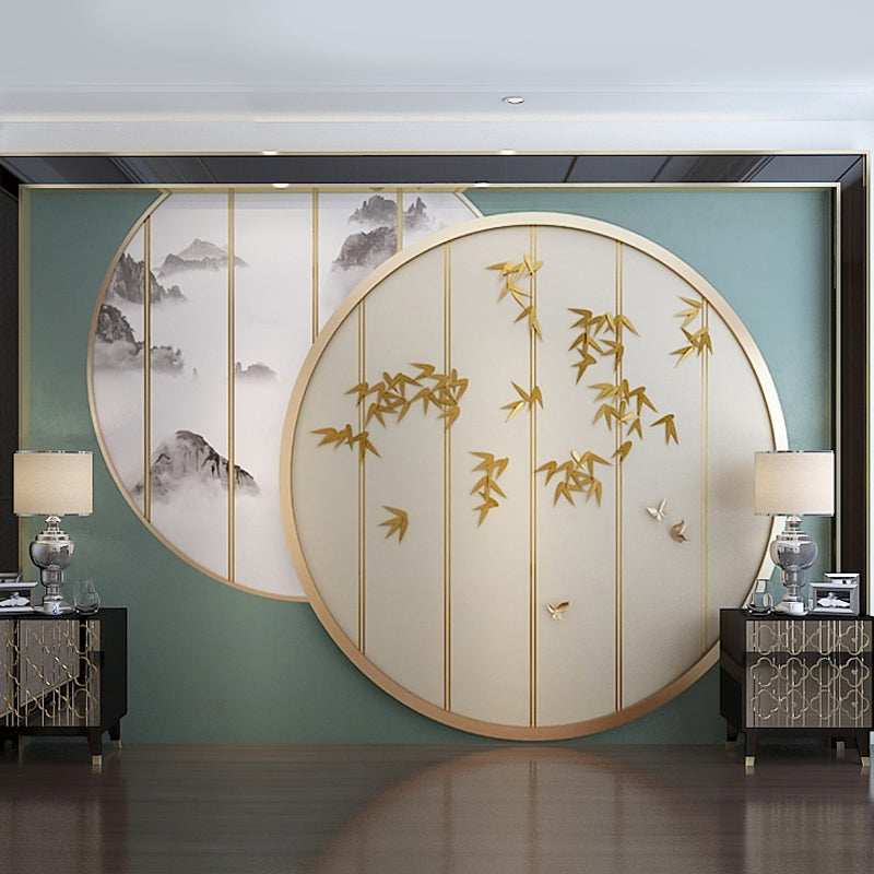 Green Wall Decor Bamboo and Circle Window Waterproof Mural Wallpaper for Accent Wall