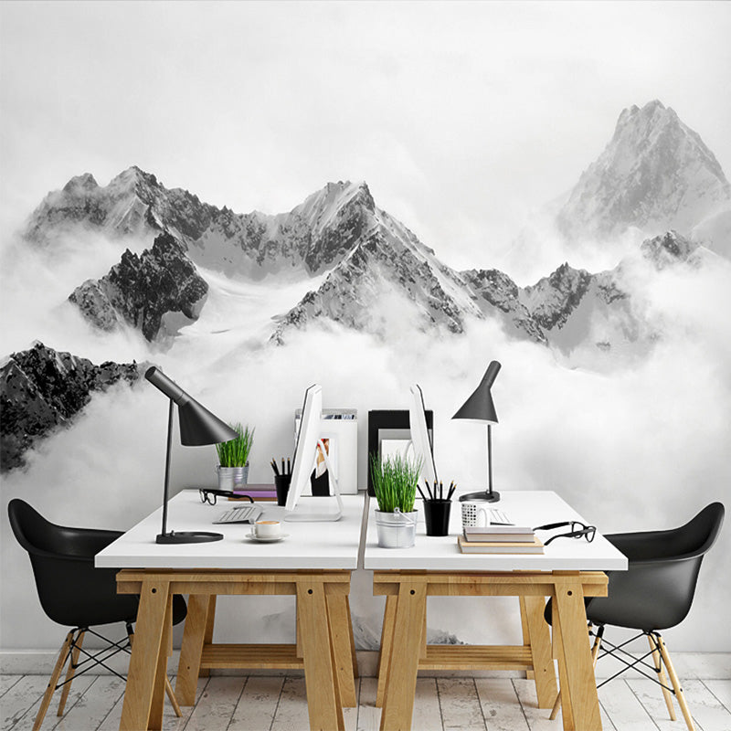 Peak and Cloud Wall Mural in Black and White, Minimalist Wall Covering for Home Decoration