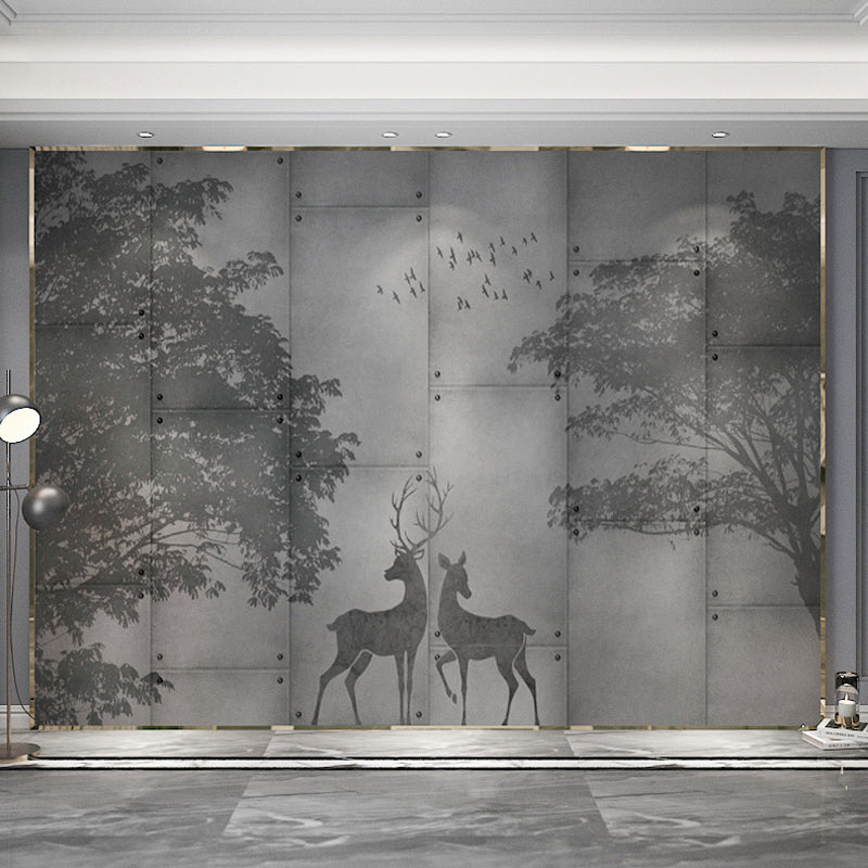 Traditional Deer and Forest Mural in Grey Non-Woven Fabric Wall Covering for Home Decor, Custom-Made