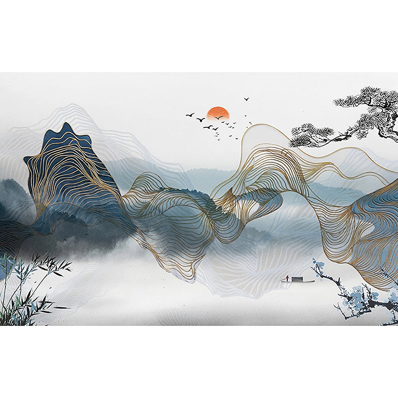 Traditional Mountain and Sun Mural for Gallery, Full Size Wall Covering in Blue and Green