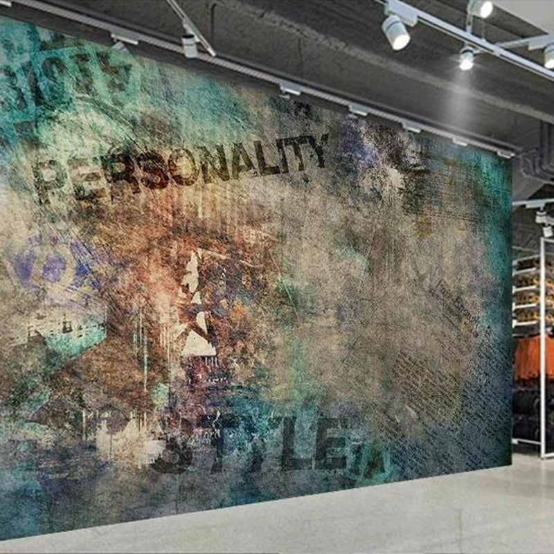 Green and Brown Graffiti Mural Wallpaper Stain-Resistant Wall Art for Coffee Shop Decoration