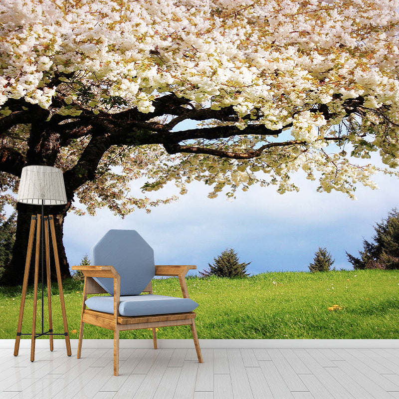 Beige and Green Minimalist Mural Wallpaper Personalized Size Sakura Blossom Wall Decor for Guest Room