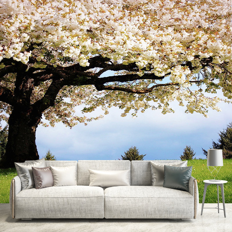 Beige and Green Minimalist Mural Wallpaper Personalized Size Sakura Blossom Wall Decor for Guest Room