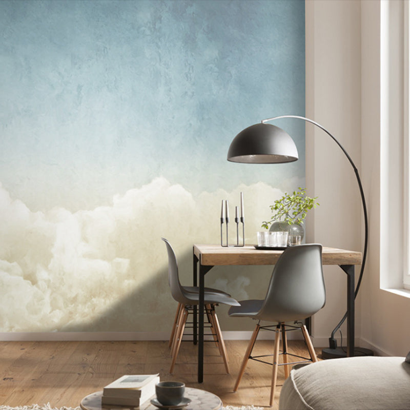 Blue and Beige Cloud Mural Wallpaper Stain-Resistant Wall Covering for Guest Room