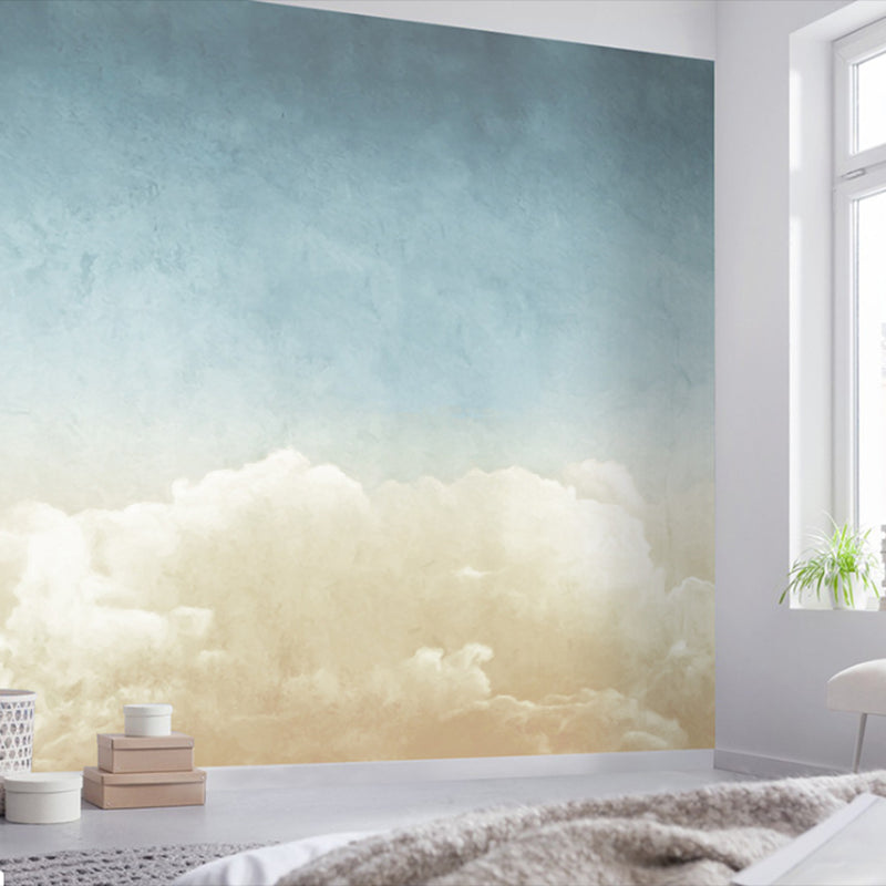 Blue and Beige Cloud Mural Wallpaper Stain-Resistant Wall Covering for Guest Room