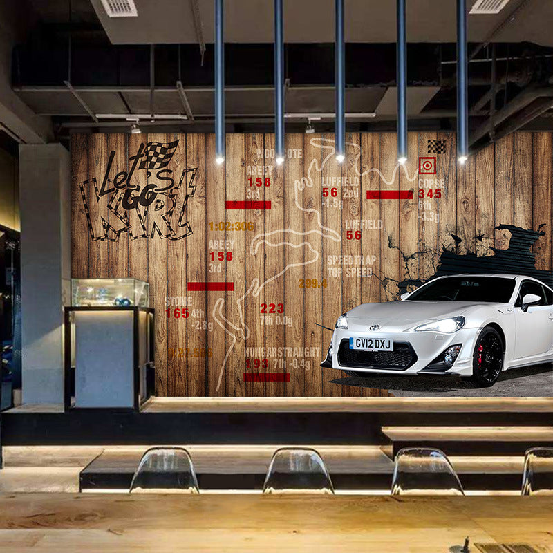 Yellow Wood and Car Mural Wallpaper Water-Resistant Wall Covering for Home Decoration