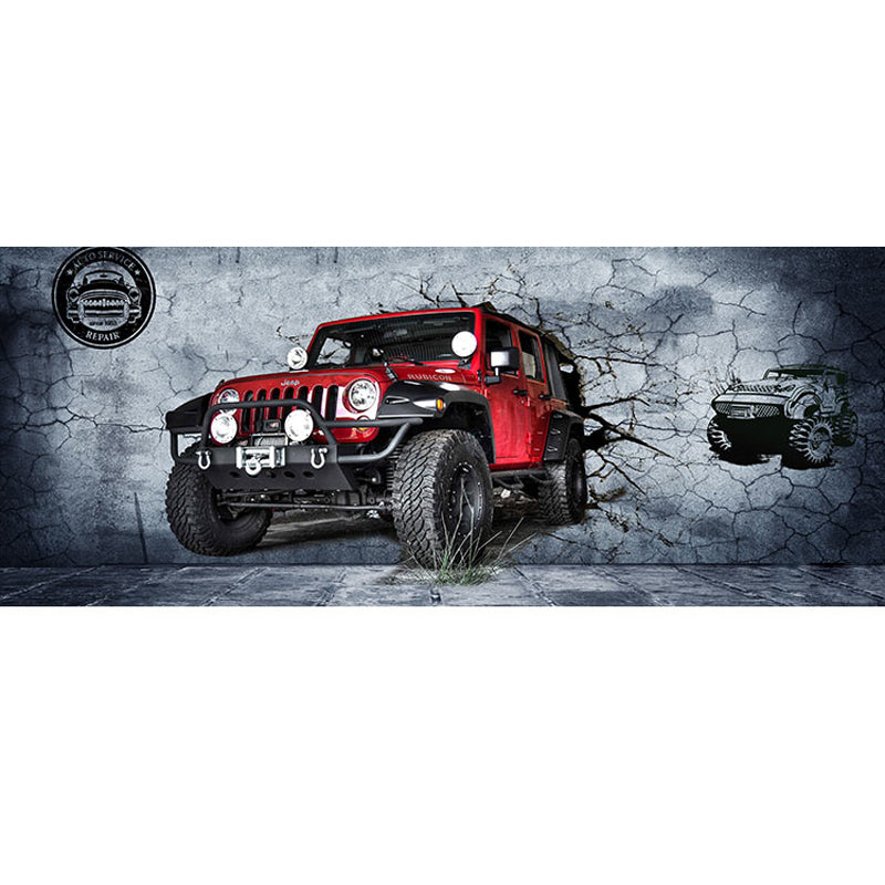 Whole Jeep Wall Art for Coffee Shop Cement Wall Mural in Grey and Red, Stain-Resistant