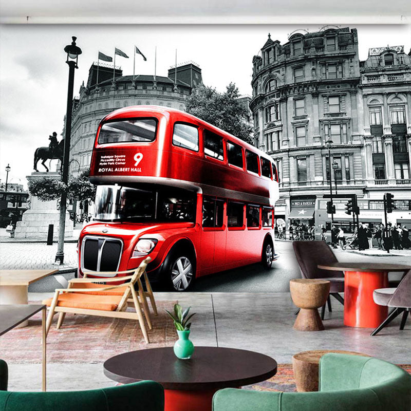 Extra Large Vintage Mural Wallpaper Grey and Red England Bus Wall Covering, Custom Size Available