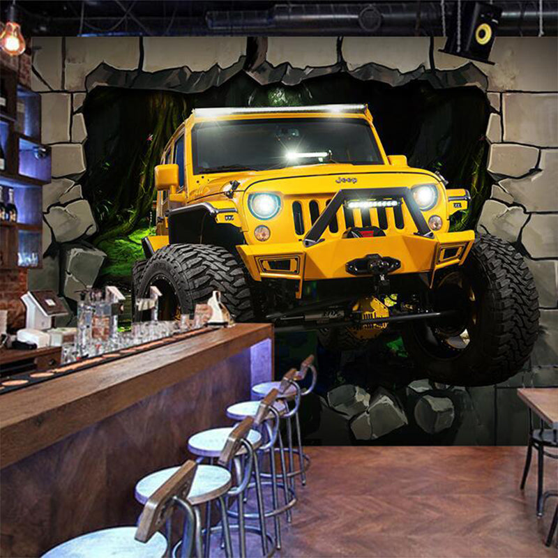 Yellow 3D Print Car Mural Wallpaper Stain-Resistant Wall Covering for Coffee Shop