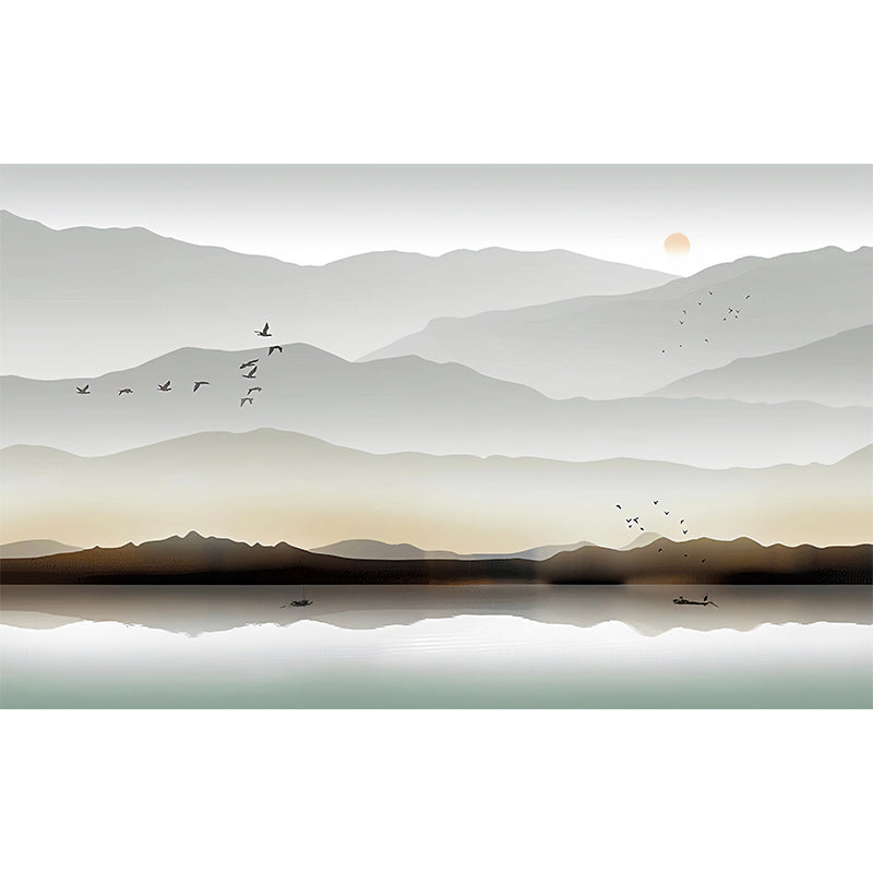 Personalized Illustration Traditional Wall Mural for Bedroom with Mountain and River Design in Grey