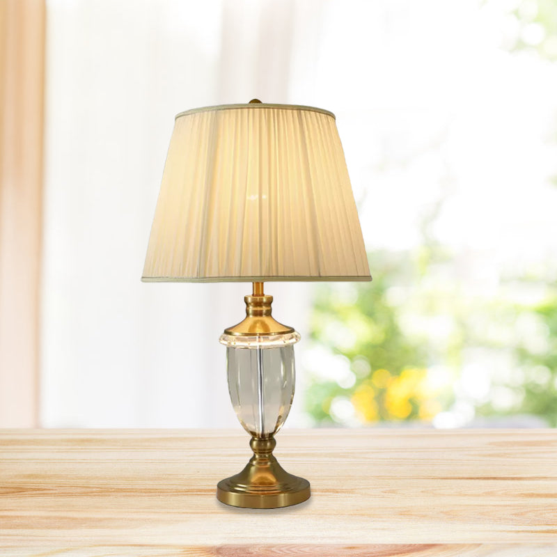 Luz de la mesita de noche de la tela de tela Mesa de mesa de beige individual minimalista con base de cristal