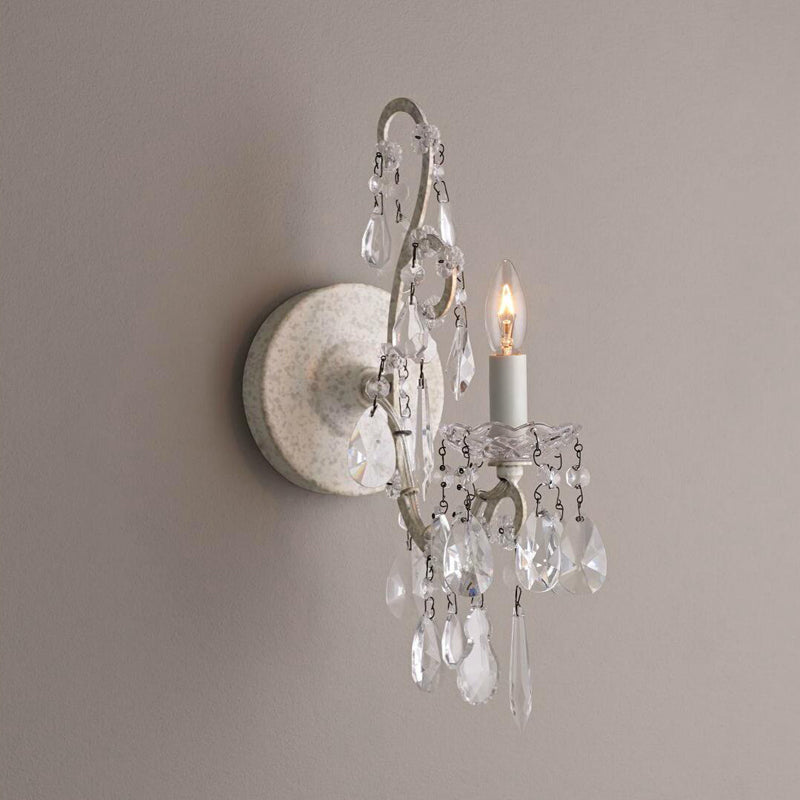 Metal Candle Wall Sconce Dining Room 1-Light Antique Style Sconce Light with Crystal in White