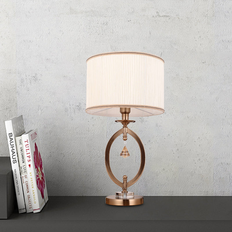 1 Light Bedroom Table Lighting Minimal White Finish Crystal Night Light with Drum Fabric Shade