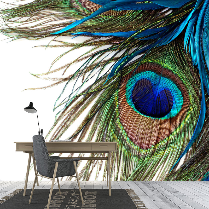 Customized Size Photography Fresh Mural Wallpaper for Accent Wall with Peacock Feather in Blue and Green