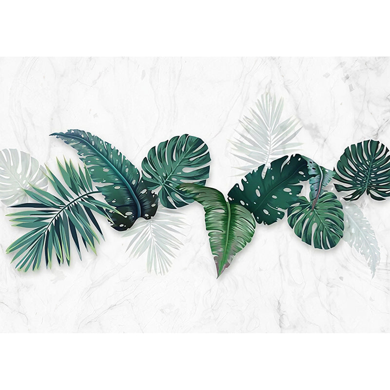 Tropical Banana Leaves Wallpaper Roll for Thai Restaurant, Green and White, Custom Size Available