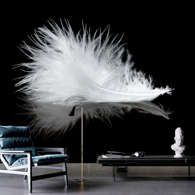 Extra Large Feather Wall Mural Guest Room Wall Covering in Black and White, Stain Resistant