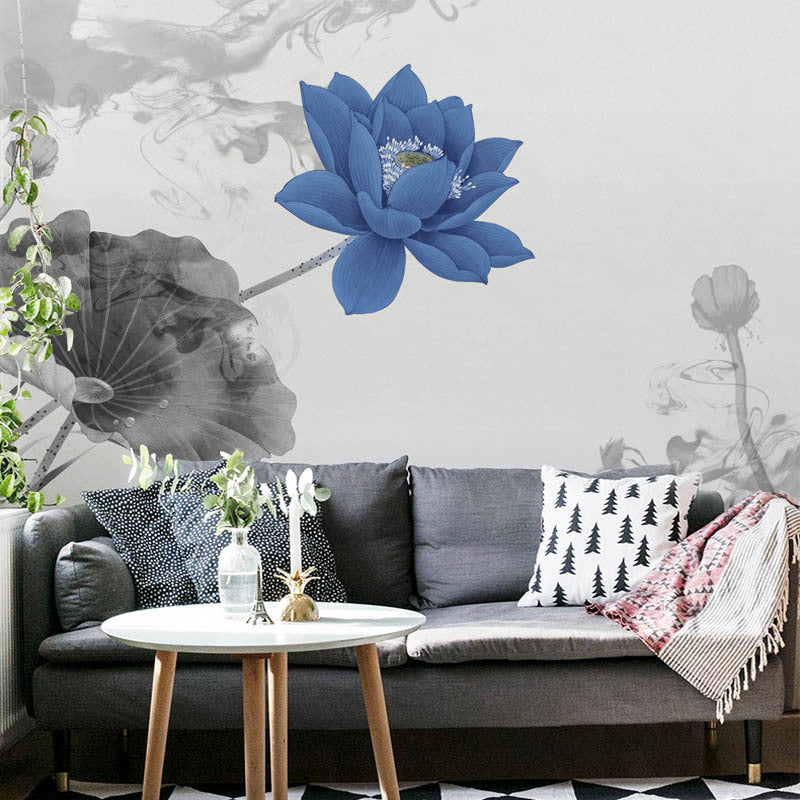 Full Size Lotus Wall Mural Blue and Grey Non-Woven Material Wall Art for Accent Wall, Custom-Printed