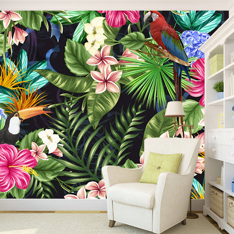 Green Jungle and Flower Mural Wallpaper Stain-Resistant Wall Decor for Guest Room