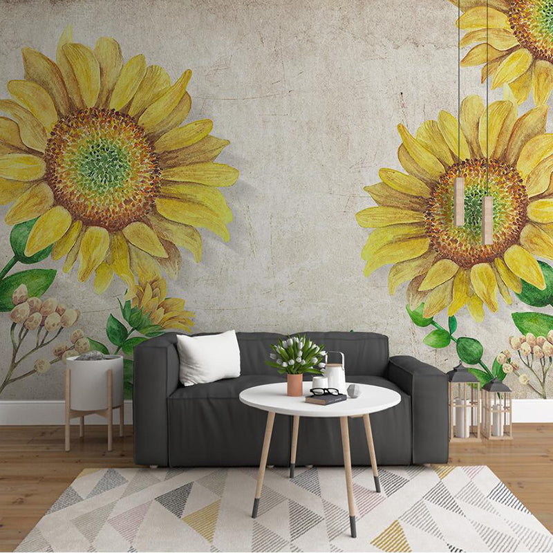 Minimalist Sunflower Wall Mural Decal for Accent Wall, Custom-Made Wall Art in Yellow and Beige