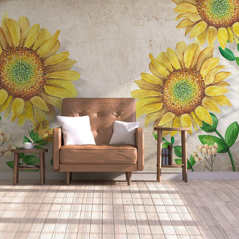 Minimalist Sunflower Wall Mural Decal for Accent Wall, Custom-Made Wall Art in Yellow and Beige