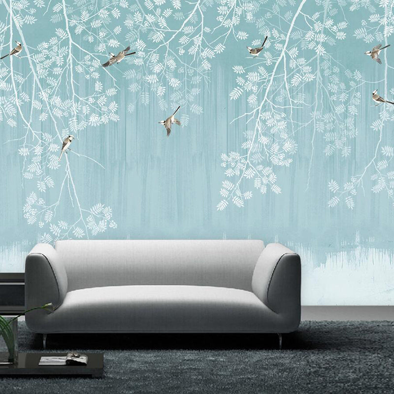 Blue and White Chinese Mural Wallpaper Custom-Printed Bird and Plant Wall Art for Home Decor